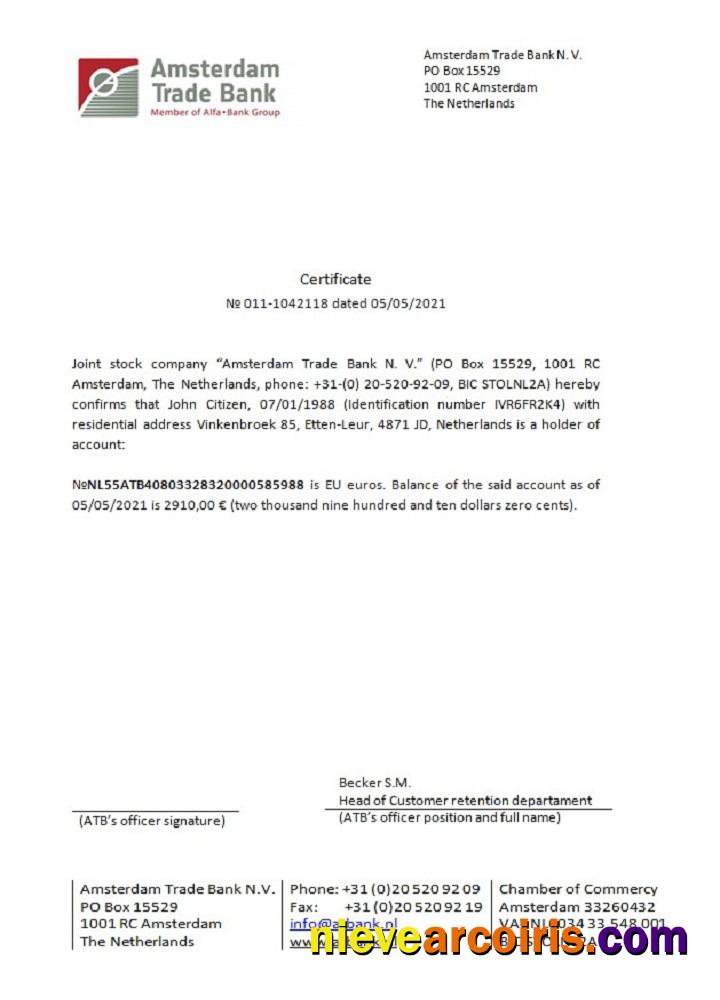 Netherlands Amsterdam Trade Bank certificate